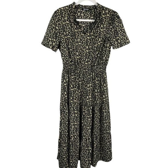 BTFBM Bohemian Black & Yellow Floral Smocked Waist Tiered Maxi Dress Size Medium - Picture 1 of 9